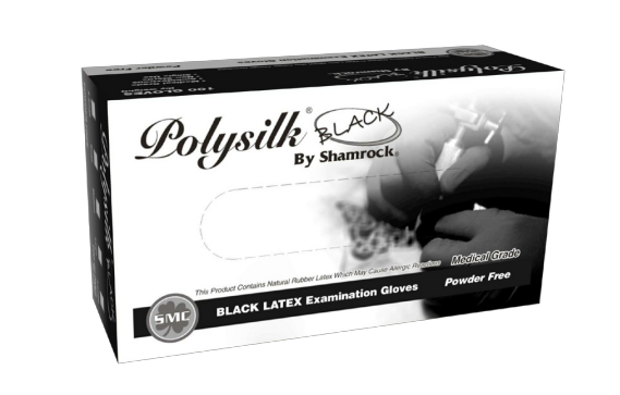 Shamrock Medium Poly Silk, Black Powder Free Latex Exam Gloves, case of 1000