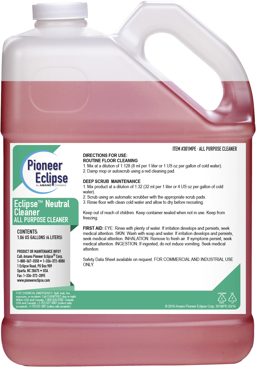 (image for) Eclipse 301MPE Neutral All Purpose Cleaner, 4 x 1.06 gal per case
