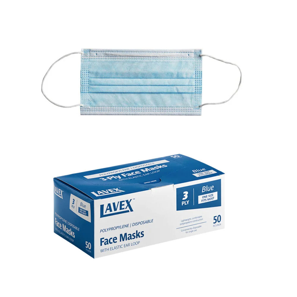 (image for) Lavex 3-Ply Blue Disposable Earloop Face Mask, Box of 50